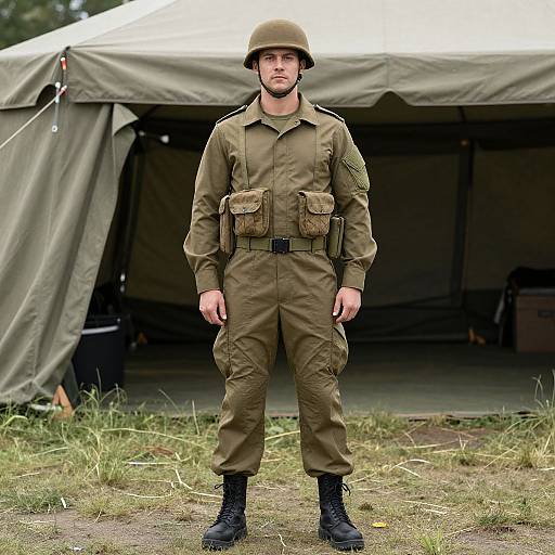 Photograph of a serious, bearded man in WWII-style olive green military uniform and helmet, standing in front of a canvas tent.