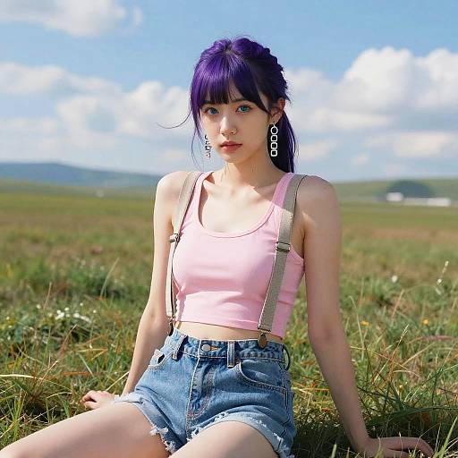 Young woman with purple hair, pink tank top, and denim shorts, wearing suspenders, sits in a grassy field under a blue sky. Digital
