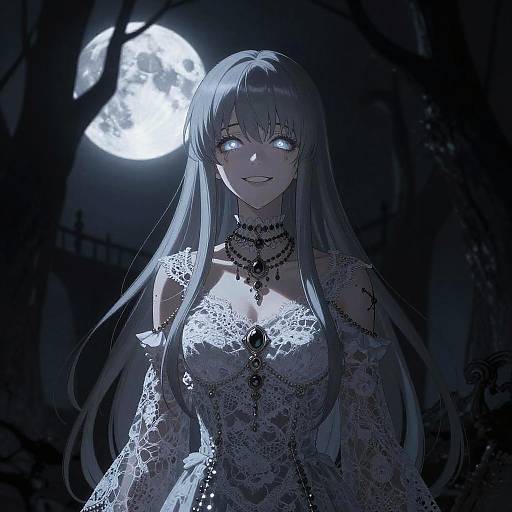 Vampire Girl in Lace Gown under Full Moon
