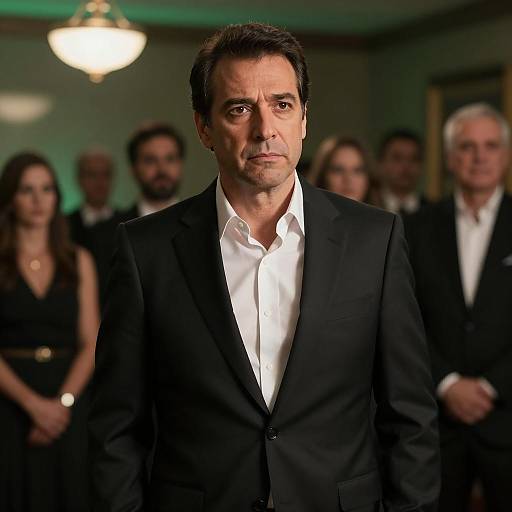 Photograph of a middle-aged man with short, dark hair, wearing a black suit and white shirt, standing center stage with a blurred background of seated