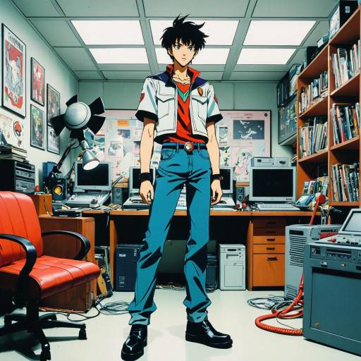 90s Style Anime Boy in Retro Tech Room