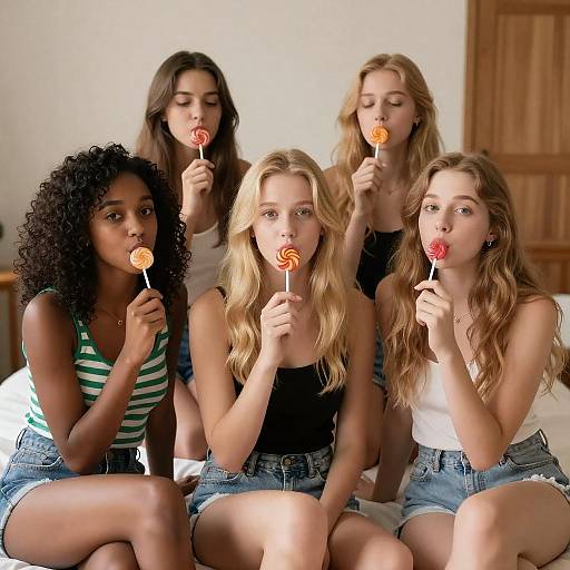 Five Friends on Bed with Lollipops