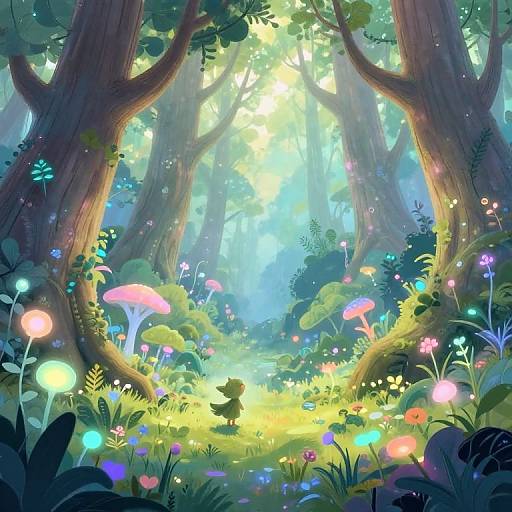 Magical forest scene with glowing mushrooms, colorful flowers, and sunlight filtering through tall trees. Silhouette of a small creature stands in the center. Wh