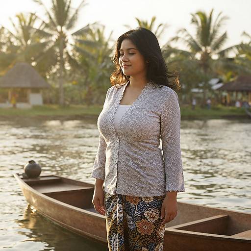 Photograph of a South Asian woman with long black hair, wearing a white patterned blouse and floral pants, standing by a wooden boat on a tropical