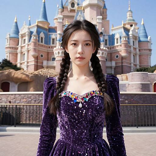 Young Asian woman with braided hair in a sparkly purple dress stands before a colorful, fairy-tale castle in bright daylight.