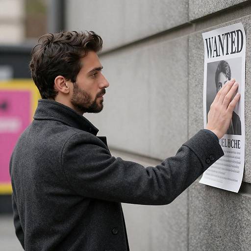 Man Touching Wanted Poster on Stone Wall