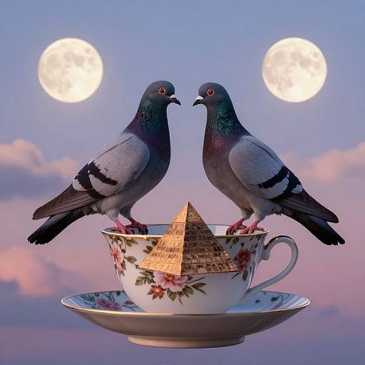 Pigeons on Floral Teacup at Twilight