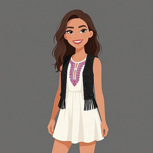 Digital illustration of a smiling woman with long brown hair, wearing a white dress with pink embroidery, black fringe vest, and standing against a gray background.
