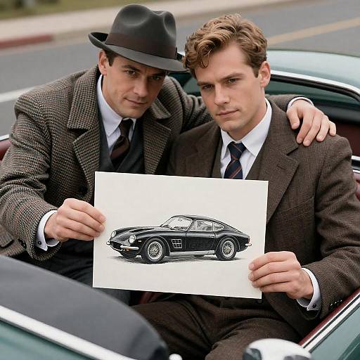 Vintage Car Photograph with Two Men
