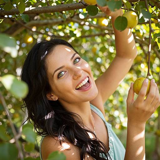 Photograph of a smiling young woman with long black hair, blue eyes, and fair skin, picking a yellow apple under bright sunlight in a lush apple