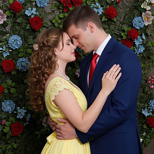 Photograph of a couple in a romantic embrace against a vibrant floral backdrop of red and blue roses, the woman in a yellow lace dress, the man
