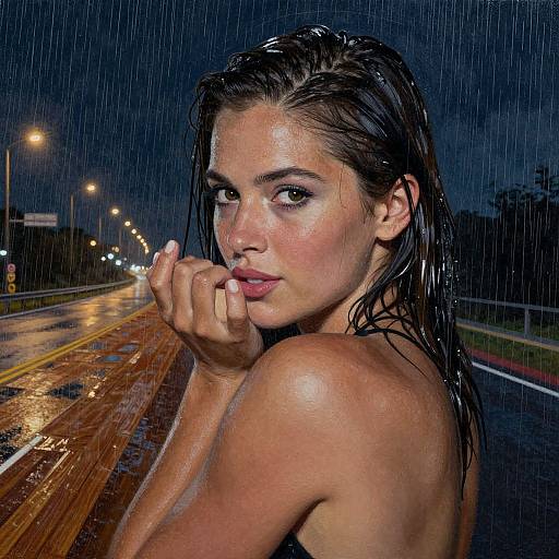 Photograph of a wet, dark-haired woman with glistening skin, pouting lips, and intense gaze, standing on a rain-soaked street at