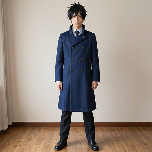 Photograph of an anime-style young man with spiky black hair, wearing a navy double-breasted coat, white shirt, black tie, and pants
