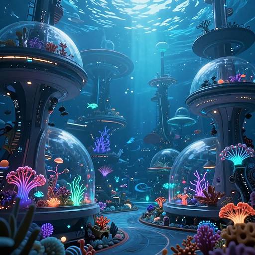 Digital artwork: Futuristic underwater city with glowing coral reefs, colorful fish, and dome-shaped habitats. Blue light filters through the water, illuminating the