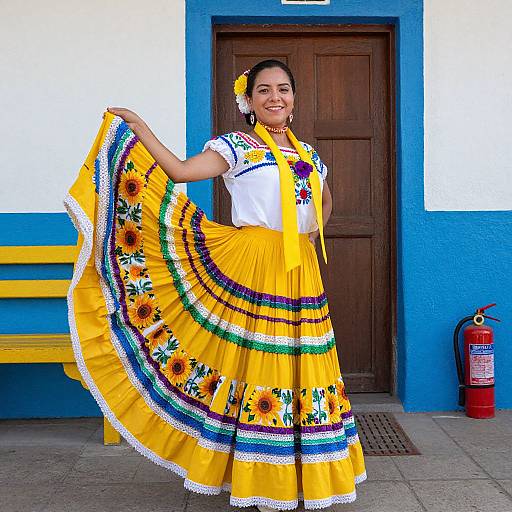 Smiling Woman in Vibrant Mexican Folk Dress