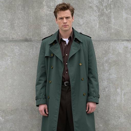 Man in Dark Green Trench Coat Standing Against Concrete Wall