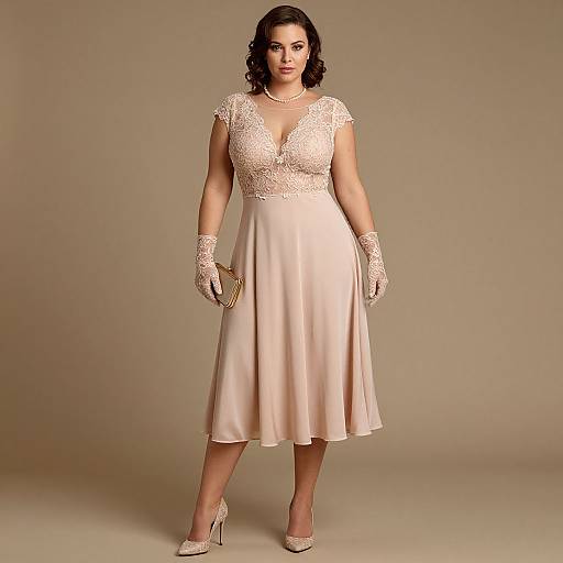 Photograph of a curvy woman with dark hair, wearing a lace-trimmed, pale pink dress, matching gloves, and beige high heels,