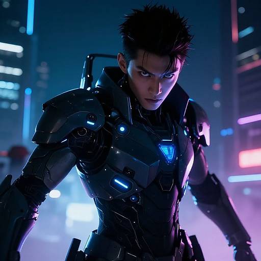 CGI cyberpunk scene of a serious, dark-haired man in futuristic black armor with glowing blue accents, standing in a neon-lit cityscape at