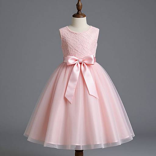 Photograph of a pink, sleeveless, lace-trimmed dress with a satin bow and tulle skirt displayed on a mannequin against a