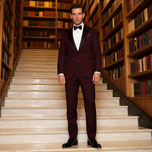 Photograph of a handsome man in a black tuxedo with bow tie, standing on white stairs in a wooden library.