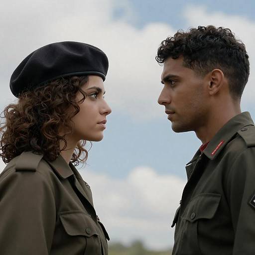 Man and Woman Facing Each Other in Military Uniforms