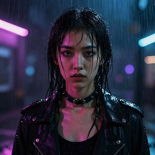 Young Woman in Rain with Neon Lights