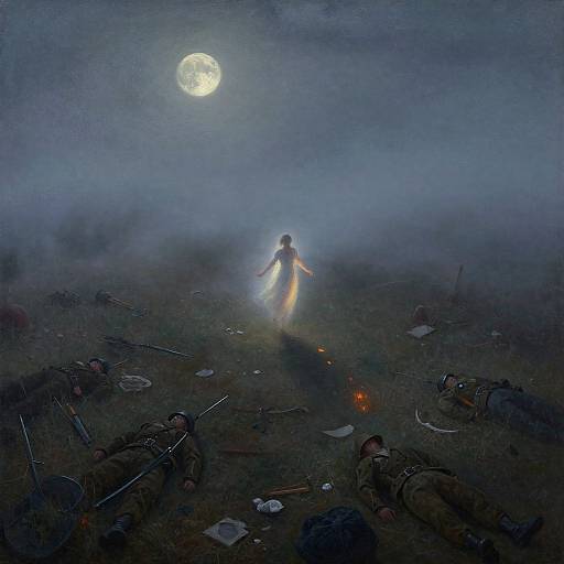 Photograph: Mysterious figure with glowing hands stands amid battlefield wreckage under full moon, surrounded by fallen soldiers and scattered weapons.