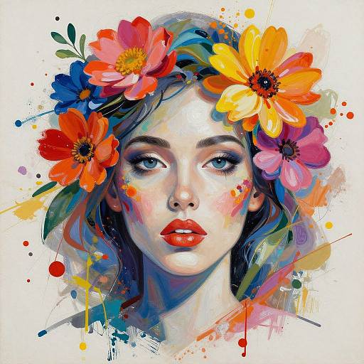 Vibrant digital painting of a fair-skinned woman with red lips, blue eyes, and colorful flower crown, surrounded by abstract splashes.