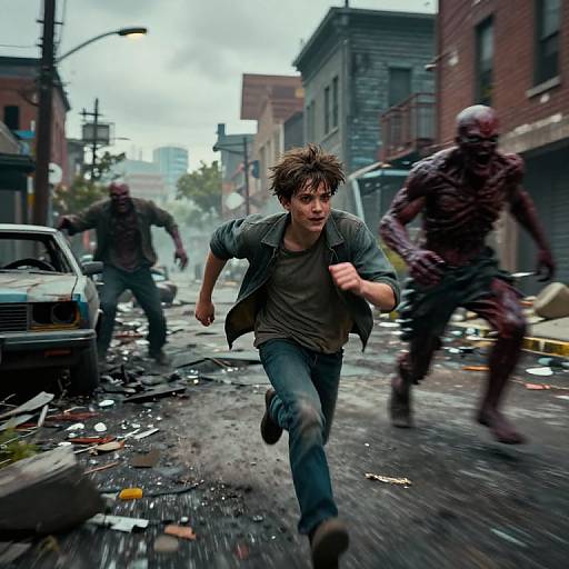 Photograph-like CGI of a young man with messy brown hair, running from two zombie-like figures in a rainy, ruined urban street.