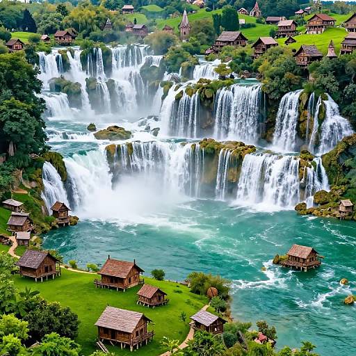 Photograph of a lush, multi-tiered waterfall cascading into a turquoise pool, surrounded by wooden cabins, greenery, and small houses on a