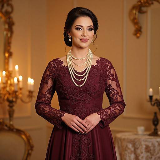 Photograph of a smiling South Asian woman with dark hair in an elegant updo, wearing a lace burgundy dress and multiple pearl necklaces, standing