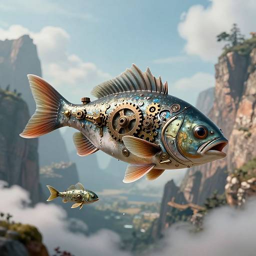 Digital artwork of a steampunk fish with gears and cogs, floating above a cloud-covered mountainous landscape with two smaller fish.