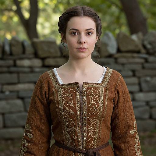 Photograph of a young woman with fair skin and dark hair in an intricate brown medieval dress, standing in front of a stone wall in a forest.
