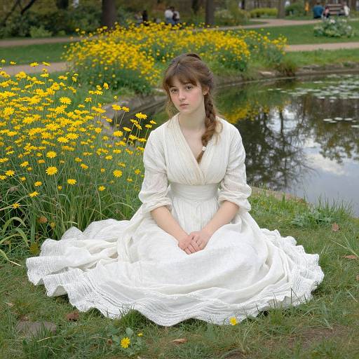 Photograph of a young woman with brown hair in a braid, wearing a white, long-sleeved, vintage-style dress, sitting on grass