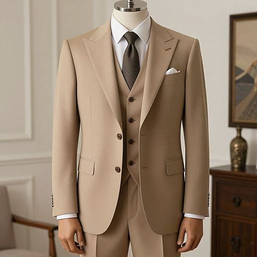 Photograph of a beige three-piece suit with white shirt and black tie, displayed on a mannequin in a stylish, well-lit room.