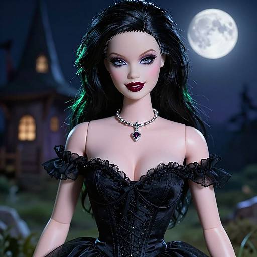 Photorealistic doll with black hair, gothic dress, and heart necklace, under full moon, with spooky house in background.