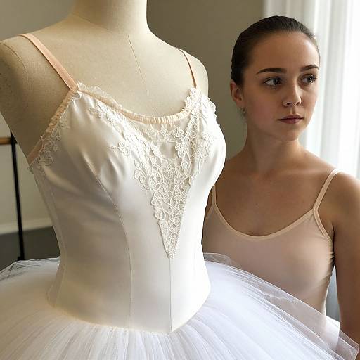 Photograph of a young woman with fair skin and brown hair, wearing a pink ballet leotard, standing beside a mannequin in a white