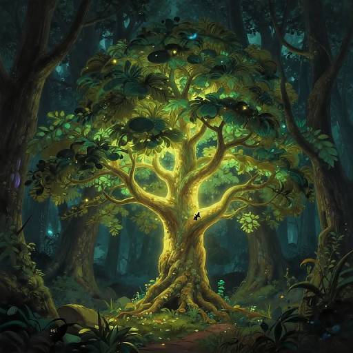 Digital fantasy artwork of a glowing, enchanted tree in a dark, mystical forest, with vibrant green leaves and a luminous yellow trunk, surrounded by shadows