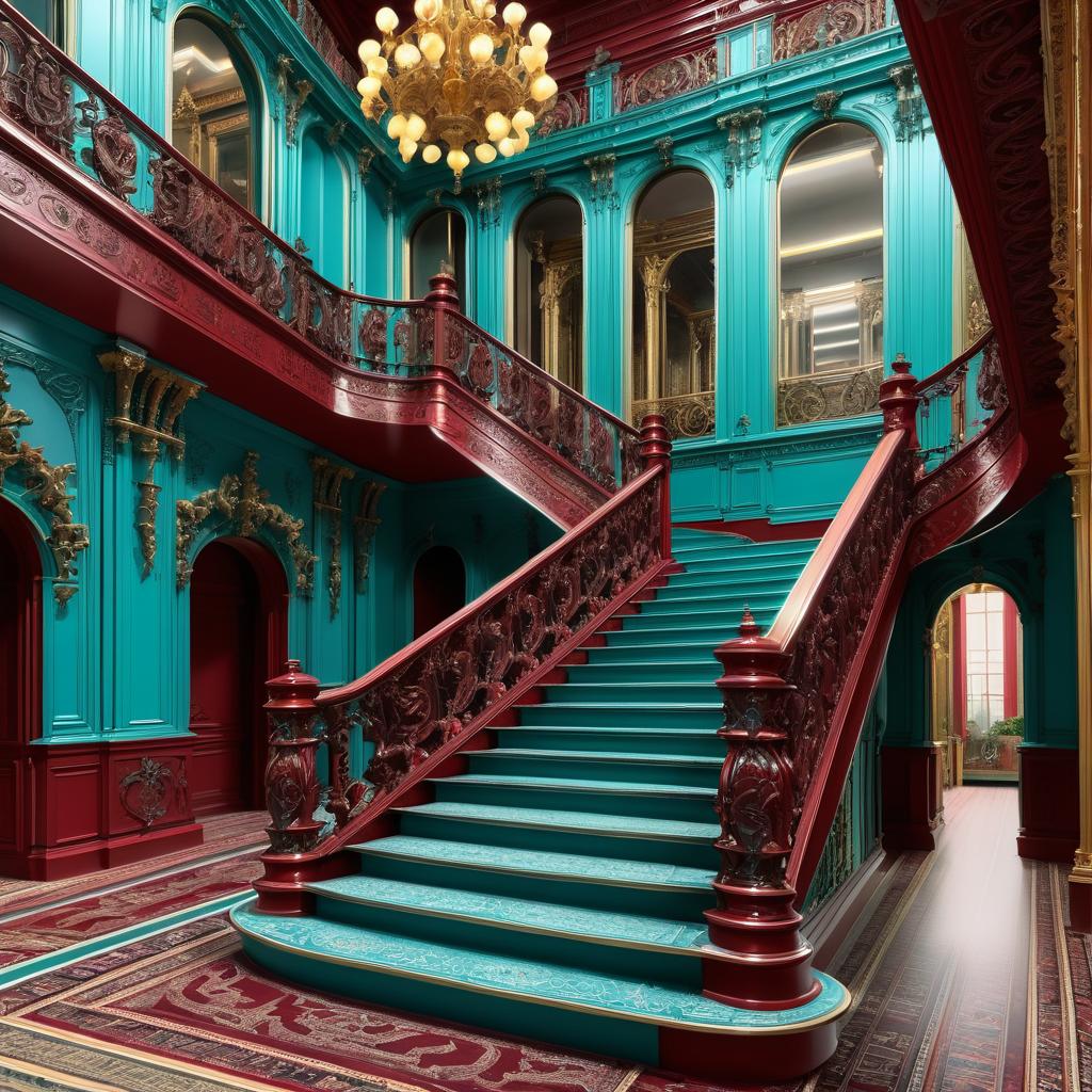 Ornate Staircase in Teal and Red