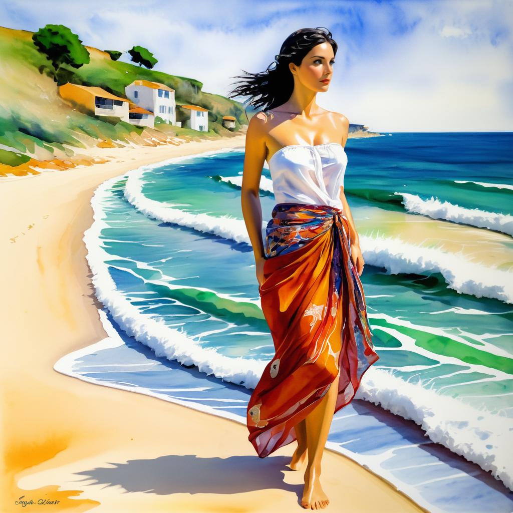 Ethereal Beach Scene with Thoughtful Woman