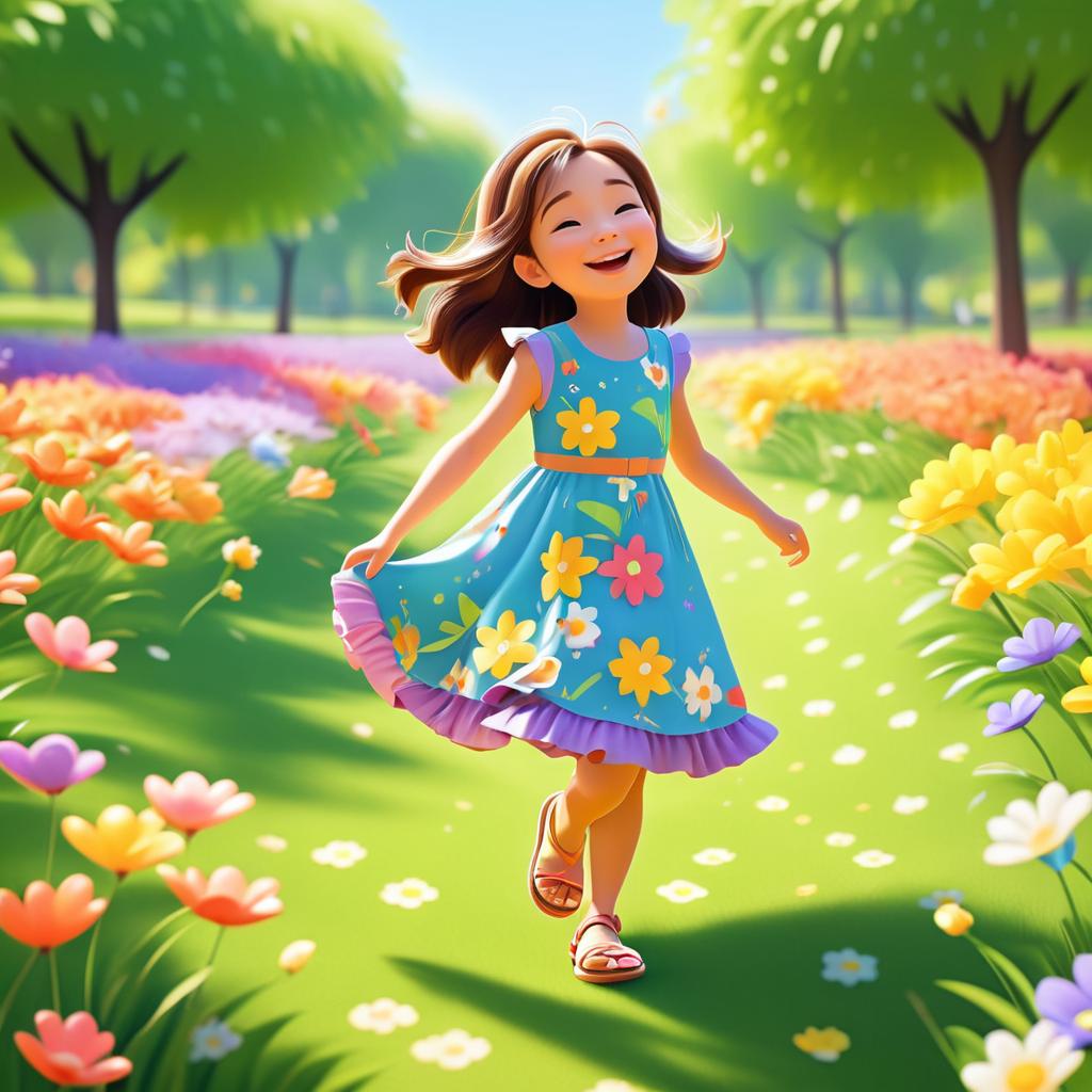 Joyful Pixar-style Girl in Blooming Park