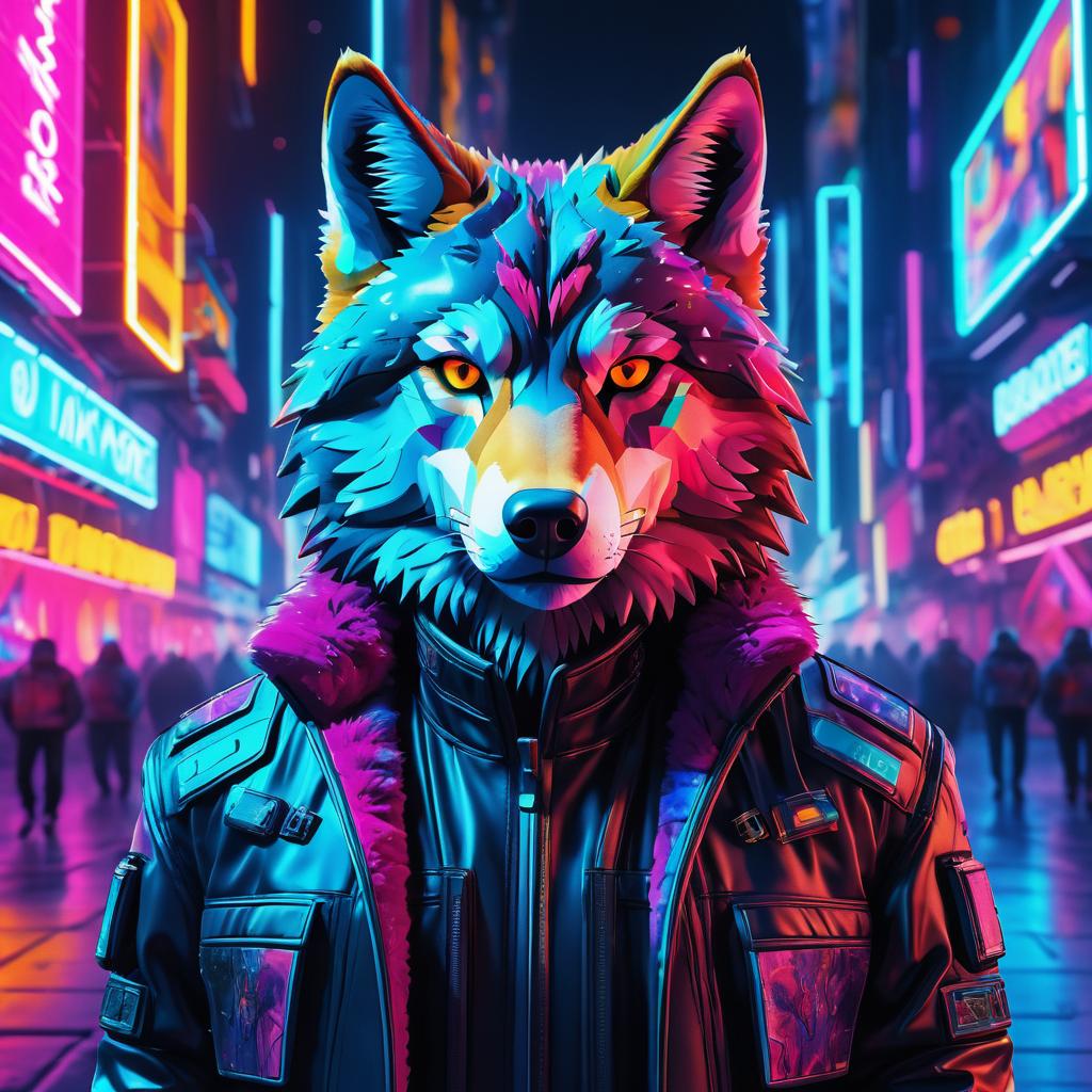 Cyberpunk Wolf in Futuristic Cityscape