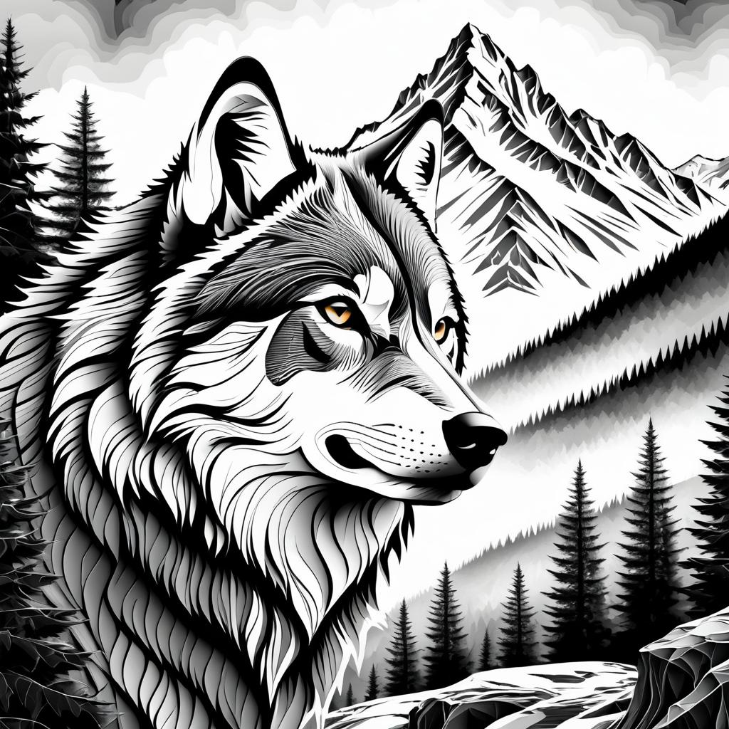 Intricate Wolf Sketch with Mountain Landscape