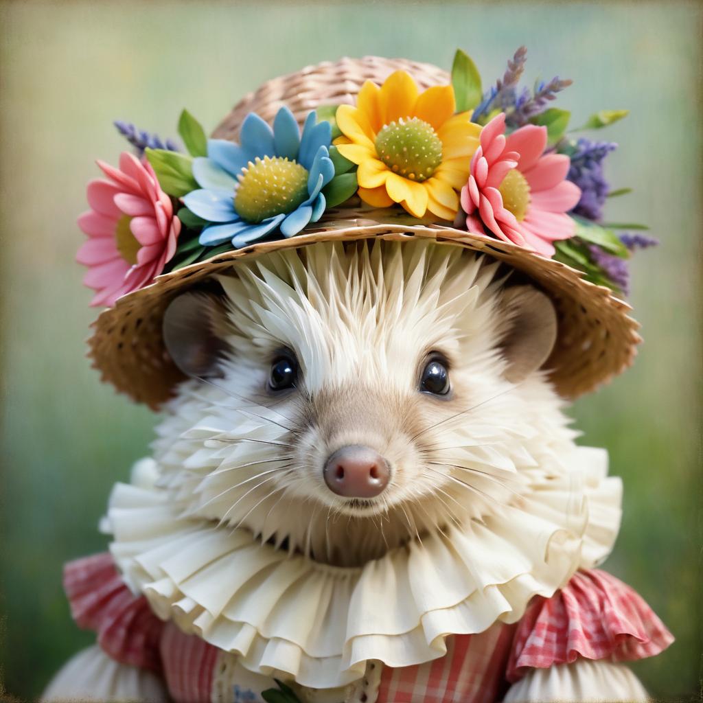 Charming Hedgehog Portrait in Floral Bonnet