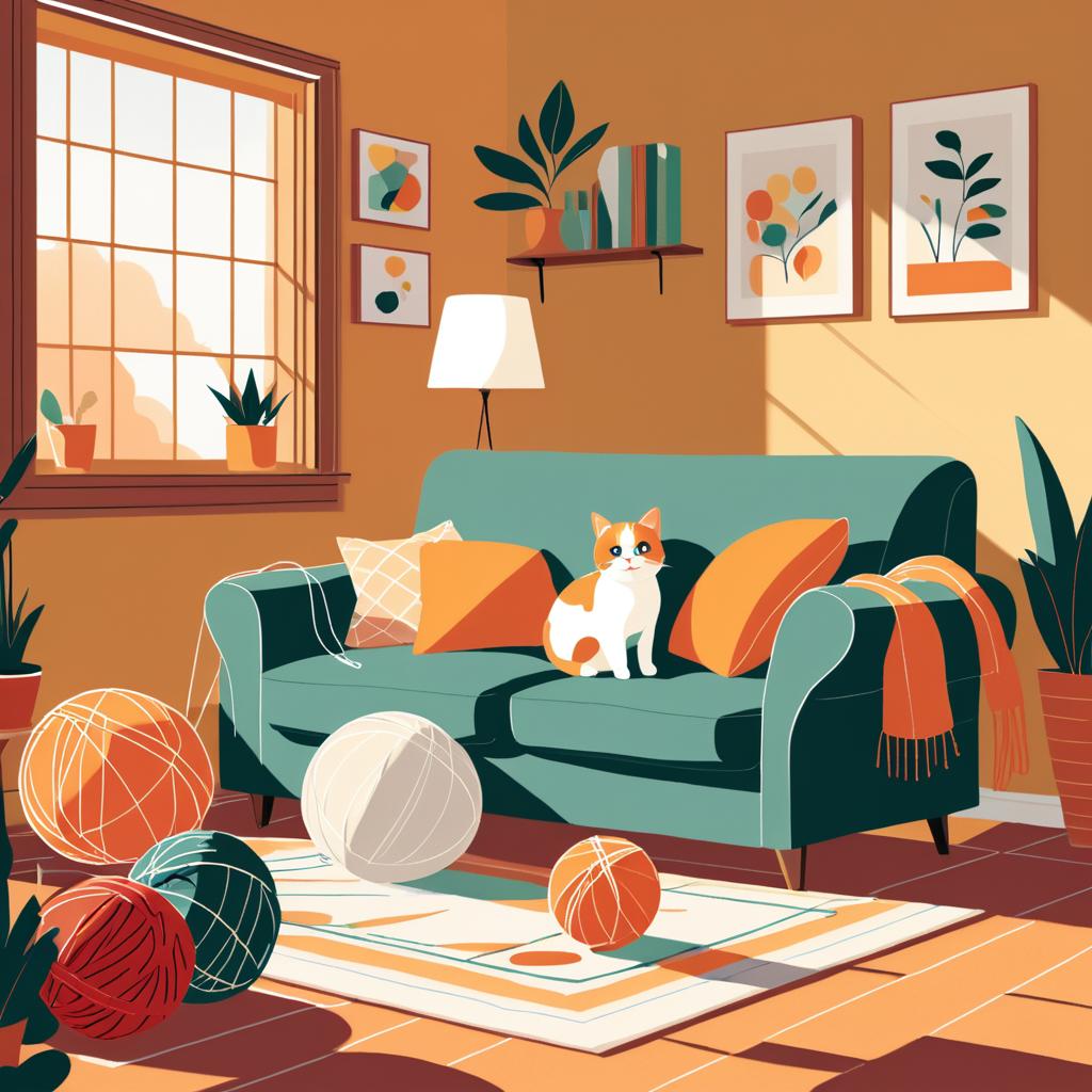 Cozy Cat Playing with Yarn Illustration