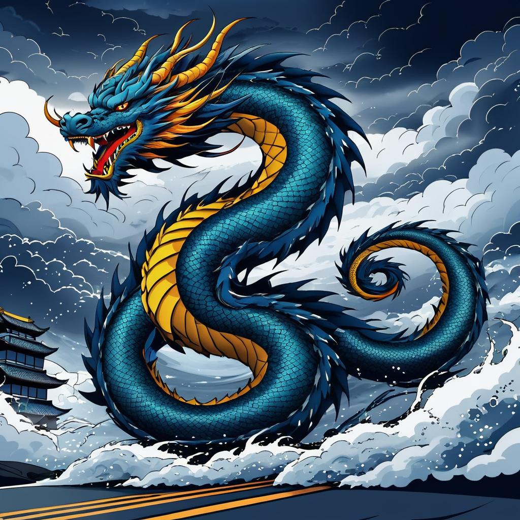 Dynamic Comic Dragon Amid Stormy Skies