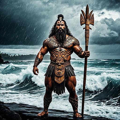 Polynesian Sea Deity at Stormy Shore