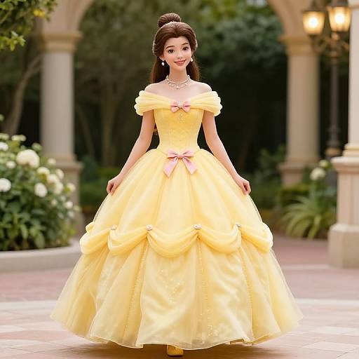 Digital CGI of a beautiful young woman with fair skin and brown hair, wearing a yellow, off-shoulder, ruffled ball gown with pink bows
