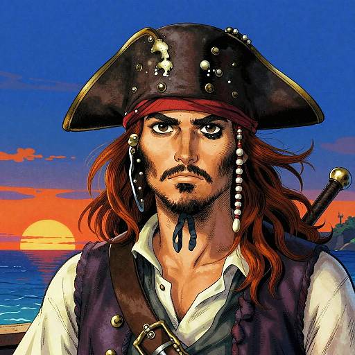 Digitally painted portrait of a stern, long-haired pirate with a black tricorn hat, red bandana, white shirt, and black vest, against