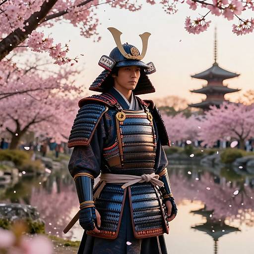 Photograph of a samurai in traditional armor, standing before cherry blossom trees and a serene pond, with petals falling. Background includes a traditional Japanese building